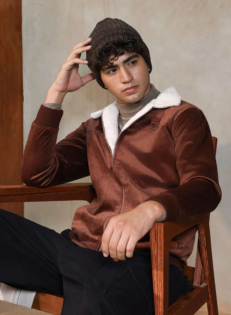 Campus Sutra Men's Chocolate Brown Contrast Sherpa-Lined Suede Bomber Jacket | Point Collar , Ribbed Cuff Sleeves , Zipper  Closure , Ribbed-Straight Hem | Solid Textured For Casual & Daily Wear